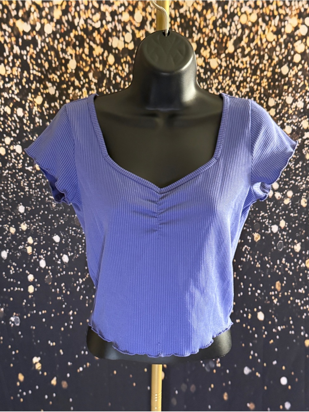 Purple Ribbed V-Neck Crop Top
